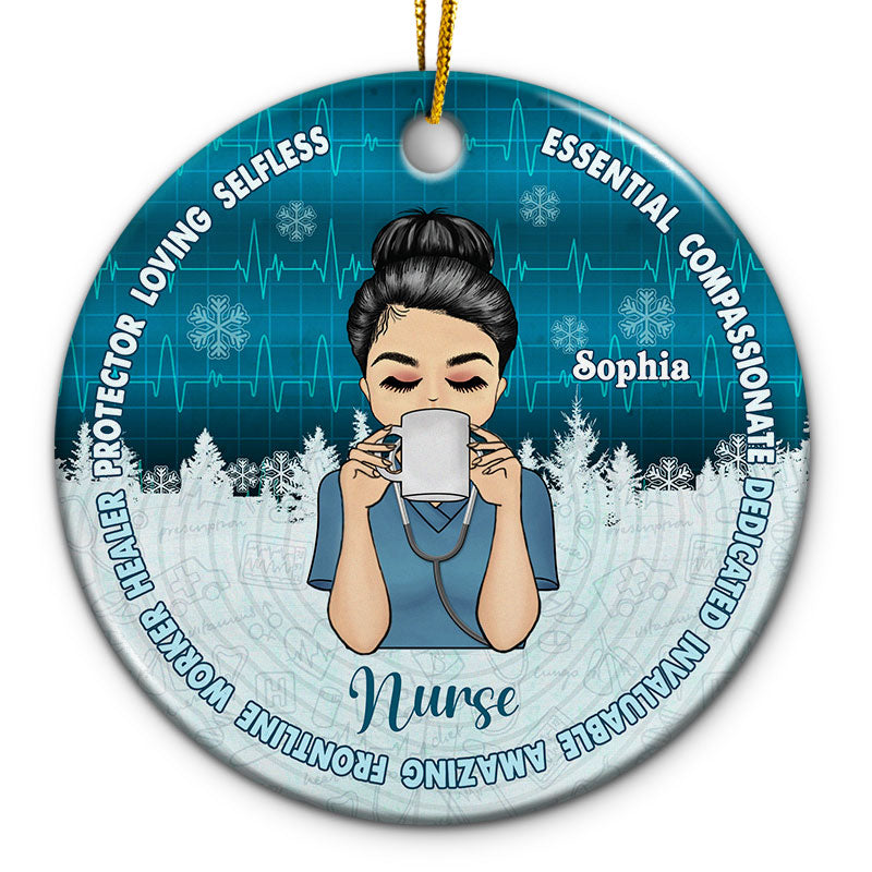 Love Selfless Protector - Christmas Nurse Gift - Personalized Custom Circle Ceramic Ornament