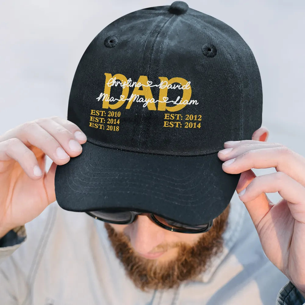 Gift For Father,Gift For Grandpa,Non-Eng,Custom Text,Proud - Papa Dad Est Year Custom Kid Name - Personalized Vintage Washed Denim Cap