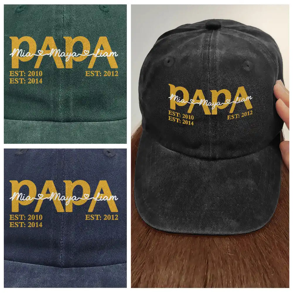 Papa Dad Est Year Custom Kid Name - Personalized Vintage Washed Denim Cap