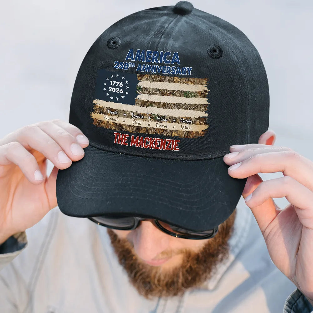 Independence Day,Family,Proud,Custom Text - Patriotic 250th Anniversary Family Names - Personalized Vintage Washed Denim Cap