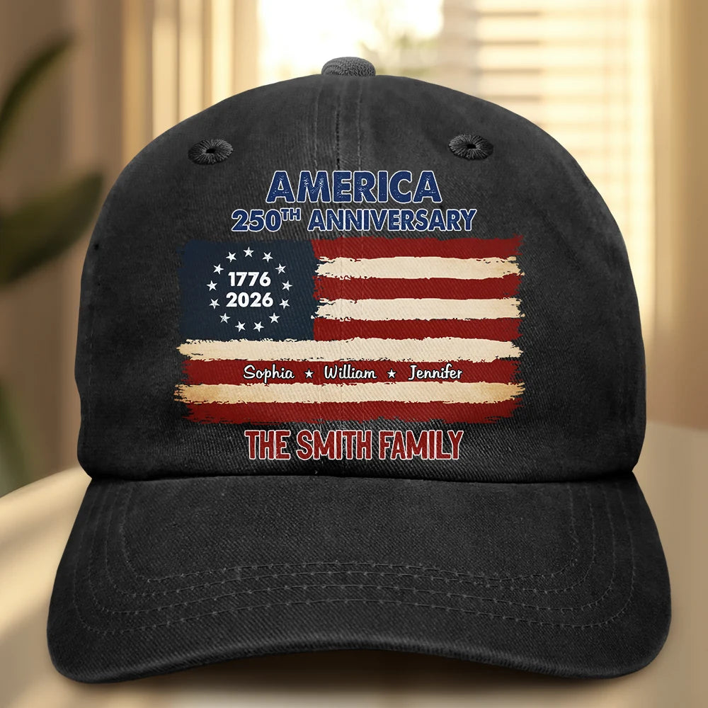 Independence Day,Family,Proud,Custom Text - Patriotic 250th Anniversary Family Names - Personalized Vintage Washed Denim Cap