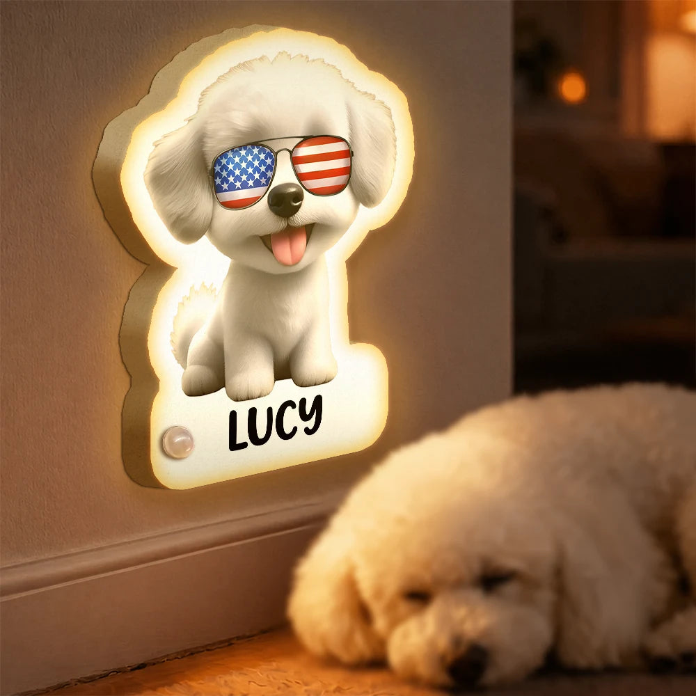 Independence Day,Pet Lovers,Playful,Vector - Patriotic Dog Cat With Name - Personalized Motion Sensor Night Light