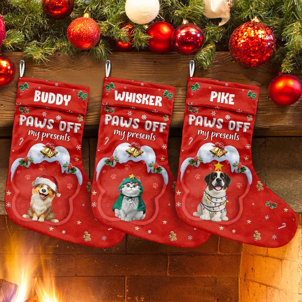 Paws Off My Presents 3D Effect Christmas Dog - Personalized Christmas Stocking