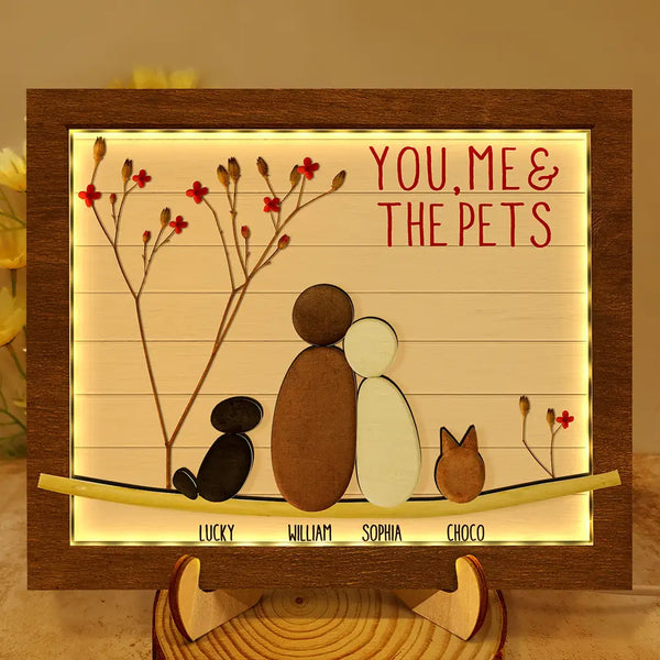 Gift For Couples,Gift For Husband,Gift For Wife,Gift For Boyfriend,Gift For Girlfriend,Pet Lovers,Pet Couple,Dog Lovers,Dog Couple,Cat Lovers,Cat Couple,Love,Christmas - Pebble Couple You Me And The Dog Cat - Personalized LED Light Wooden Plaque