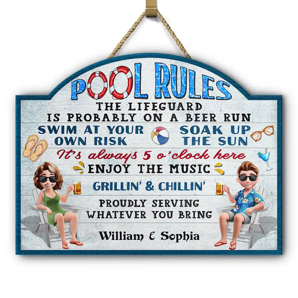 Gift For Couples, Poolside, Swimming, Grilling, Happy, Gift For Husband, Gift For Wife - Pool Rules Swim At Your Own Risk - Personalized Custom Shaped Wood Sign