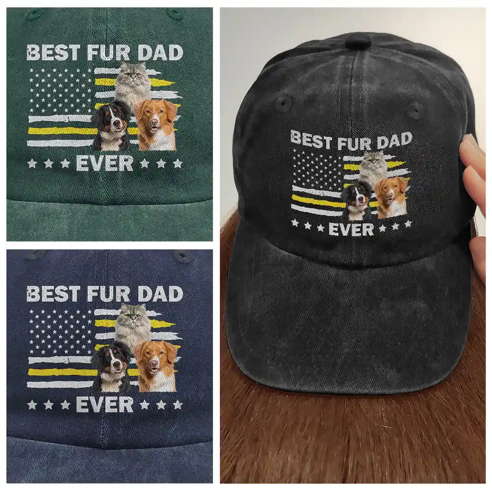 Independence Day,Pet Lovers,Pet Dad,Cat Lovers,Cat Dad,Dog Lovers,Dog Dad,Photo,Proud - Custom Photo Stars & Stripes Best Dog Dad Ever - Personalized Vintage Washed Denim Cap