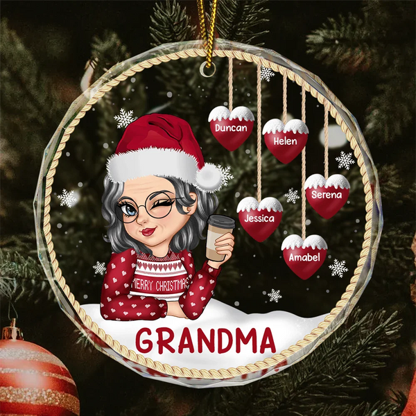 Snowman Grandma Mom - Personalized Circle Glass Ornament