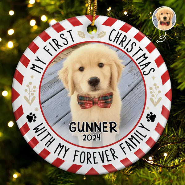 Custom Photo Red Light First Christmas - Personalized Circle Ceramic Ornament