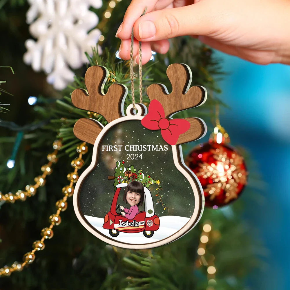 Gift For Kids - Custom Photo Reindeer Baby First Christmas - Personalized 2-Layered Mix Ornament