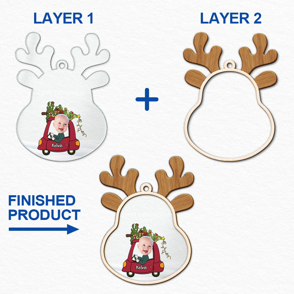 Gift For Kids - Custom Photo Reindeer Baby First Christmas - Personalized 2-Layered Mix Ornament