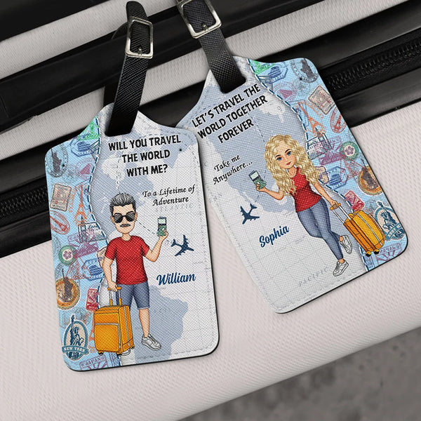 Gift For Couples, Gift For Husband, Gift For Wife, Gift For Boyfriend, Gift For Girlfriend, Travel - Travel The World With Me Cartoon Couples - Personalized Combo 2 Luggage Tags