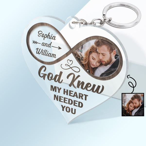 Custom Photo God Knew My Heart Needed You - Anniversary Gift For Couples - Personalized Custom Heart Shaped Acrylic Keychain