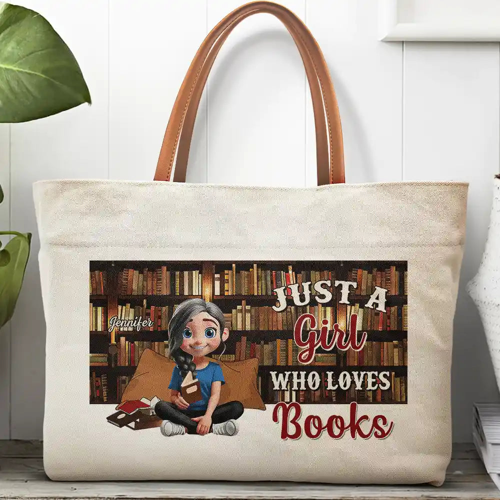Reading Just A Girl Who Loves Books - Personalized Leather Handle Tote Bag