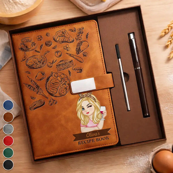 Gift For Wife,Gift For Girlfriend,Gift For Yourself,Gift For Women,Gift For Mother,Gift For Grandma,Mom's Hobby,Grandma's Hobby,Happy,Cooking,Baking - Recipe Book - Personalized Leather Notebook Set