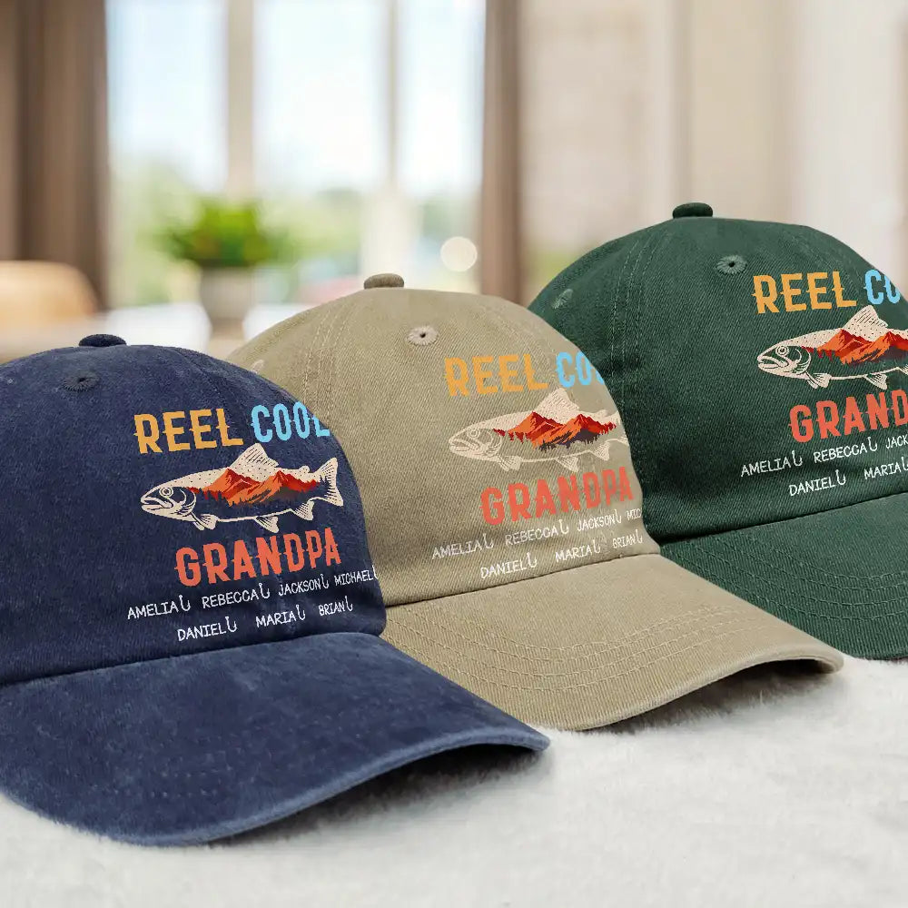 Gift For Father, Gift For Grandpa, Funny, Fishing - Reel Cool Grandpa - Personalized Vintage Washed Denim Cap