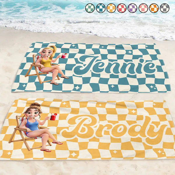 Beach,Summer,Gift For Yourself,Gift For Women,Gift For Bestie - Retro Checker Just A Girl Who Loves Beach - Personalized Beach Towel