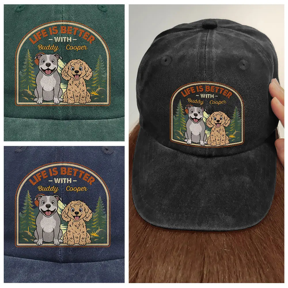 Dog Dad,Pet Lovers,Gift For Father,Top Market,Adorable,Vector - Retro Style Life Is Better With Dog Cat - Personalized Vintage Washed Denim Cap