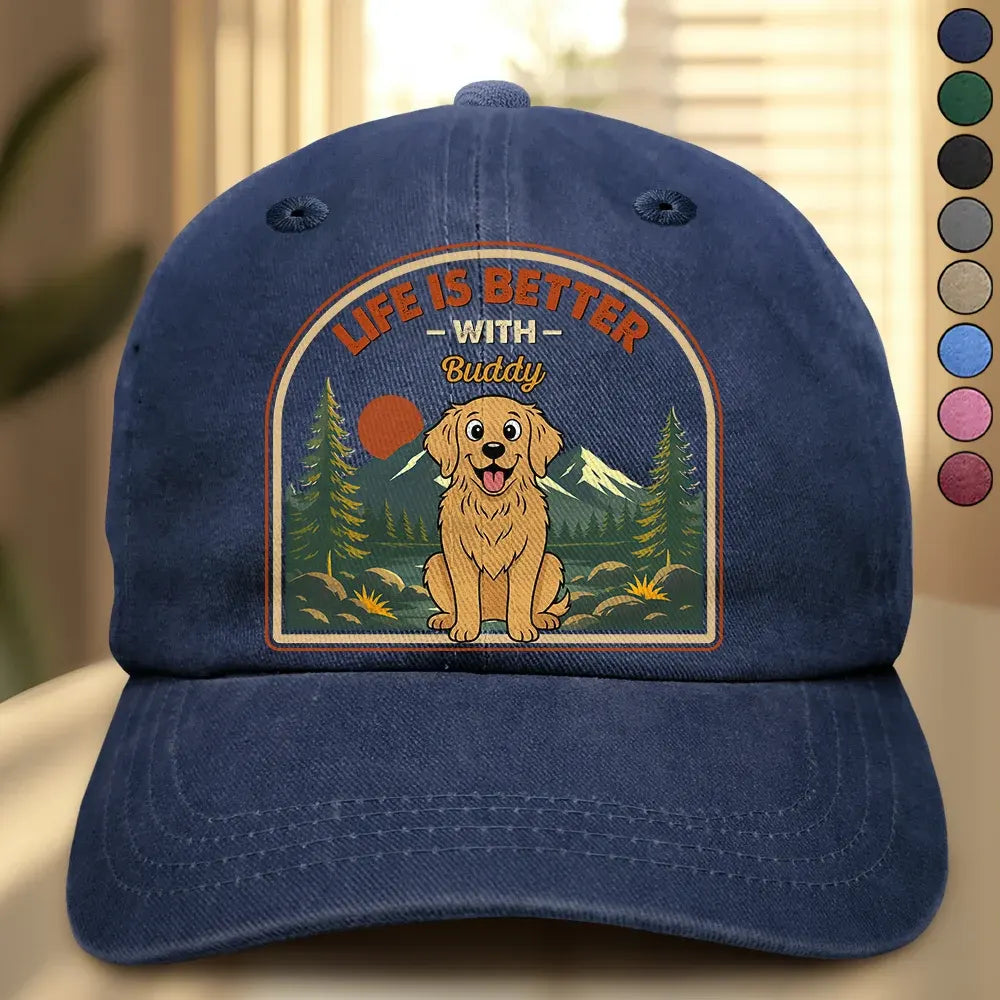 Dog Dad,Pet Lovers,Gift For Father,Top Market,Adorable,Vector - Retro Style Life Is Better With Dog Cat - Personalized Vintage Washed Denim Cap