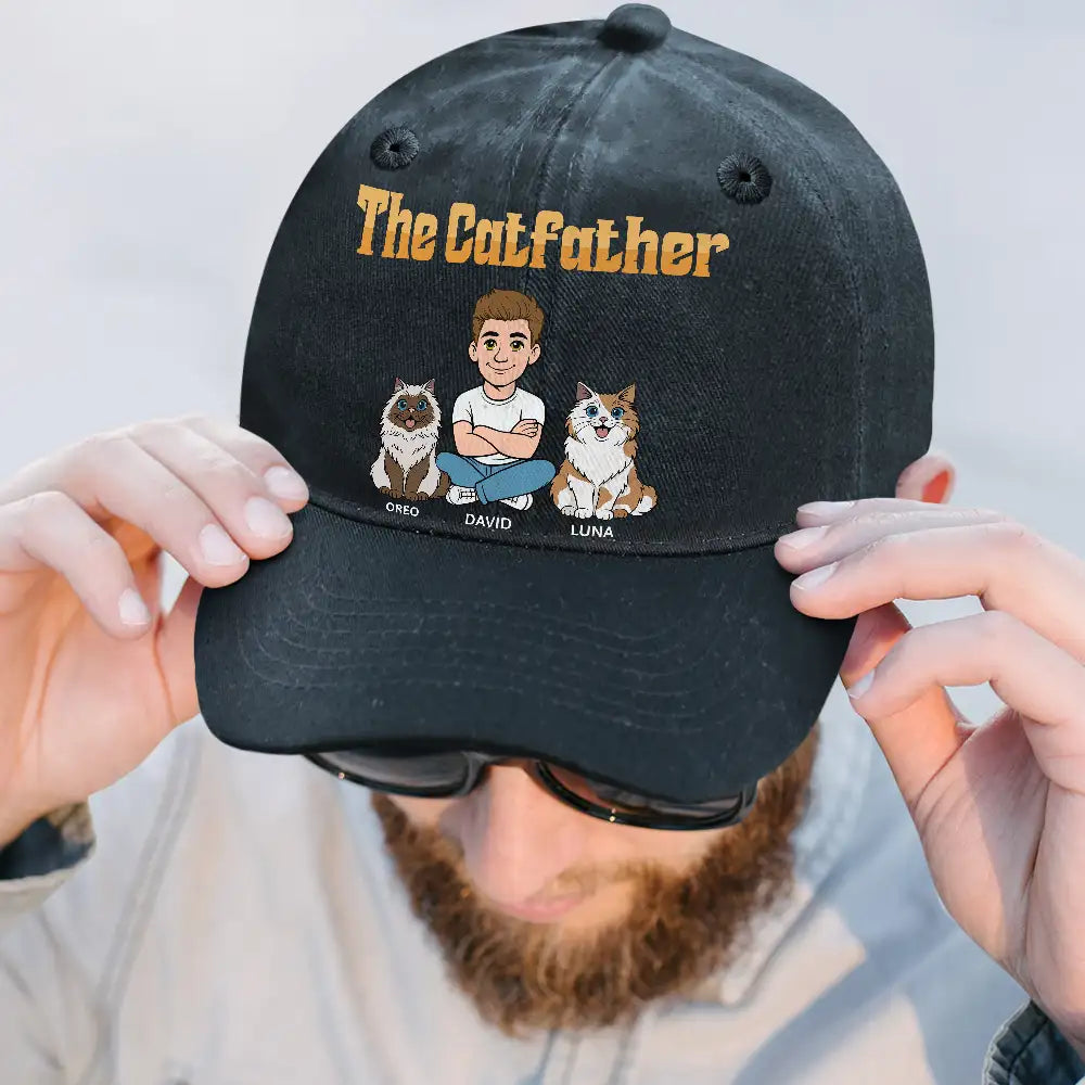 Dog Mom,Dog Dad,Dog Lovers,Cat Mom,Cat Dad,Cat Lovers,Pet Lovers,Pet Mom,Pet Dad,Top Market,Non-Eng,Vector,Proud - Retro Style The Dogfather Catfather - Personalized Vintage Washed Denim Cap