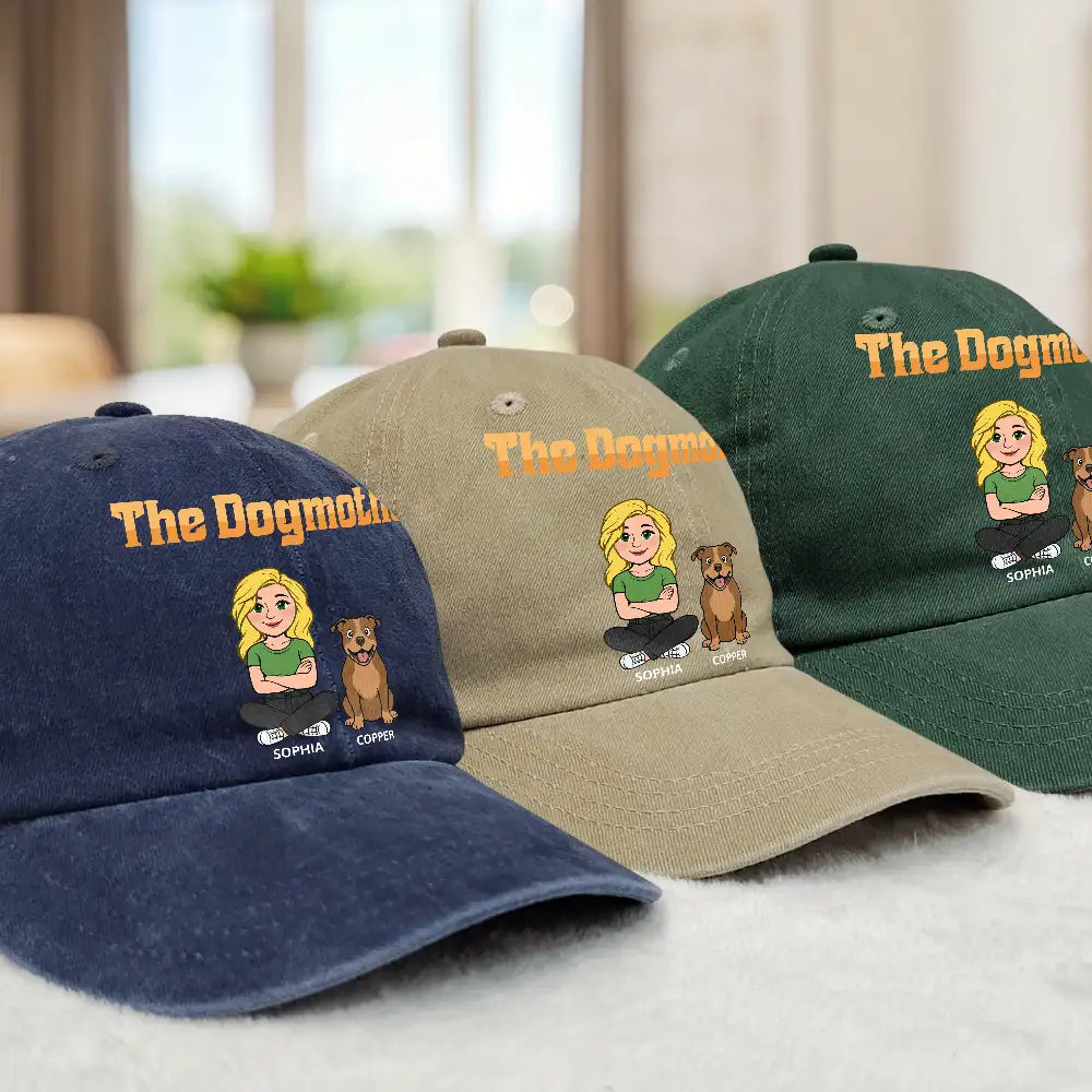 Dog Mom,Dog Dad,Dog Lovers,Cat Mom,Cat Dad,Cat Lovers,Pet Lovers,Pet Mom,Pet Dad,Top Market,Non-Eng,Vector,Proud - Retro Style The Dogfather Catfather - Personalized Vintage Washed Denim Cap