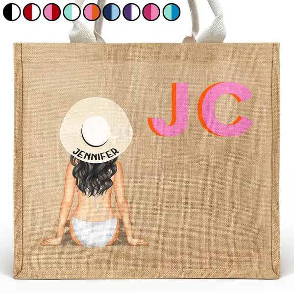 Beach, Gift For Yourself, Gift For Women, Happy - Shadow Monogram Girl By The Beach - Personalized Jute Beach Bag