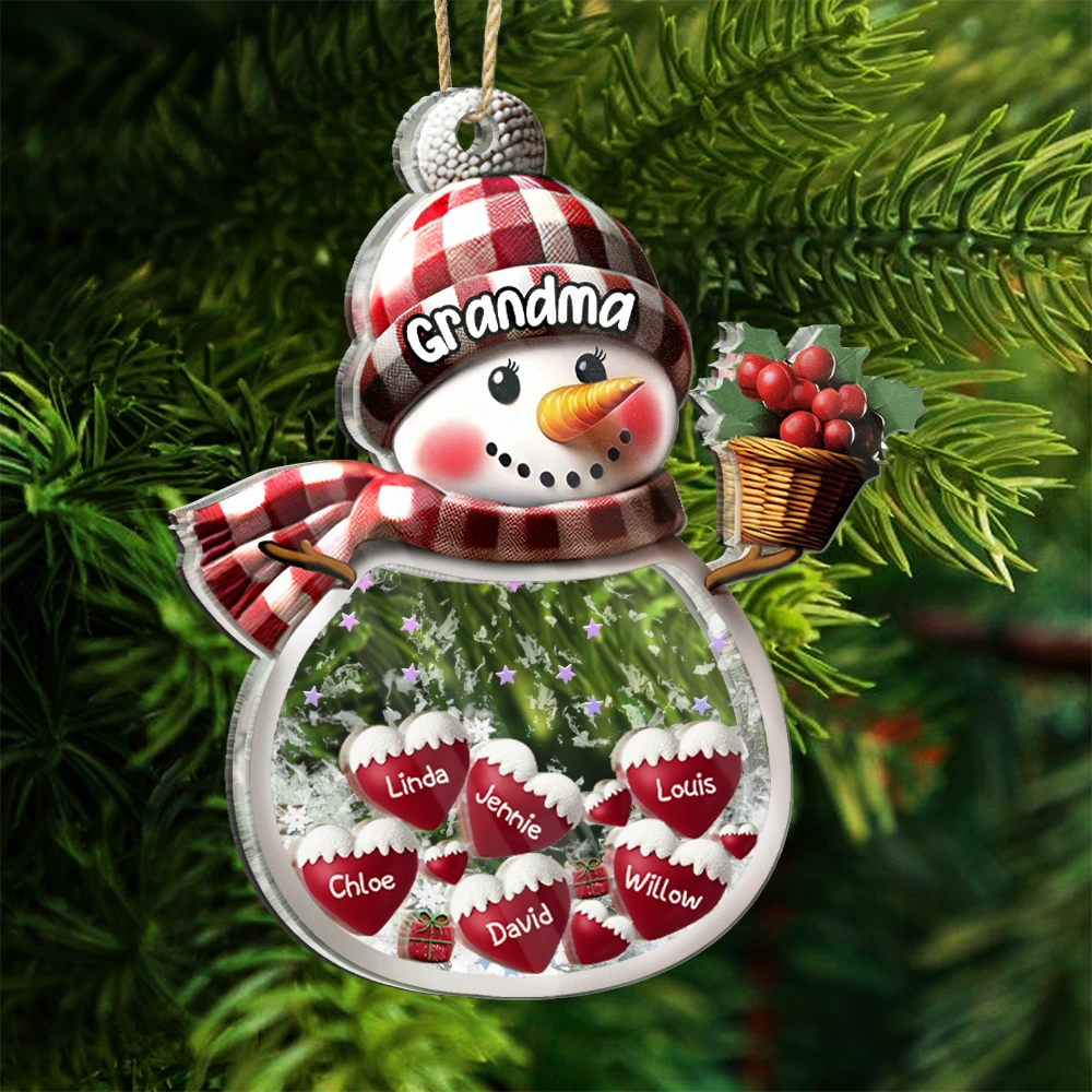 Christmas, Grandma - Grandkids, Happy - Snowman Grandma & Grankids - Personalized 3-Layered Acrylic Shaker Ornament