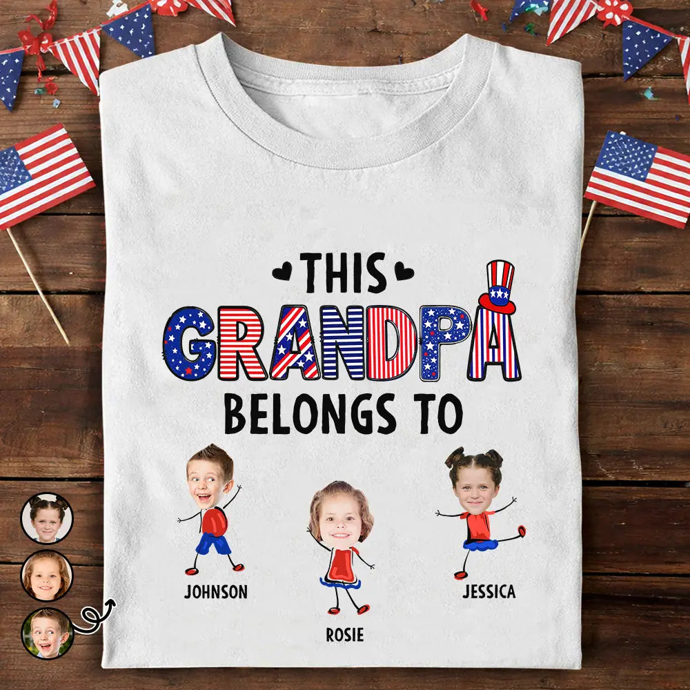 Independence Day, Stick Figure, Gift For Grandpa, Proud, Custom Text - Stars & Stripes This Grandpa Belongs To Kid Stick Figures - Personalized T Shirt