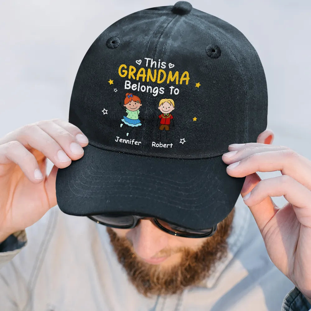 Gift For Father,Top Market,Proud,Icon - Stick Figures This Grandpa Dad Belongs To Kids Pet - Personalized Vintage Washed Denim Cap