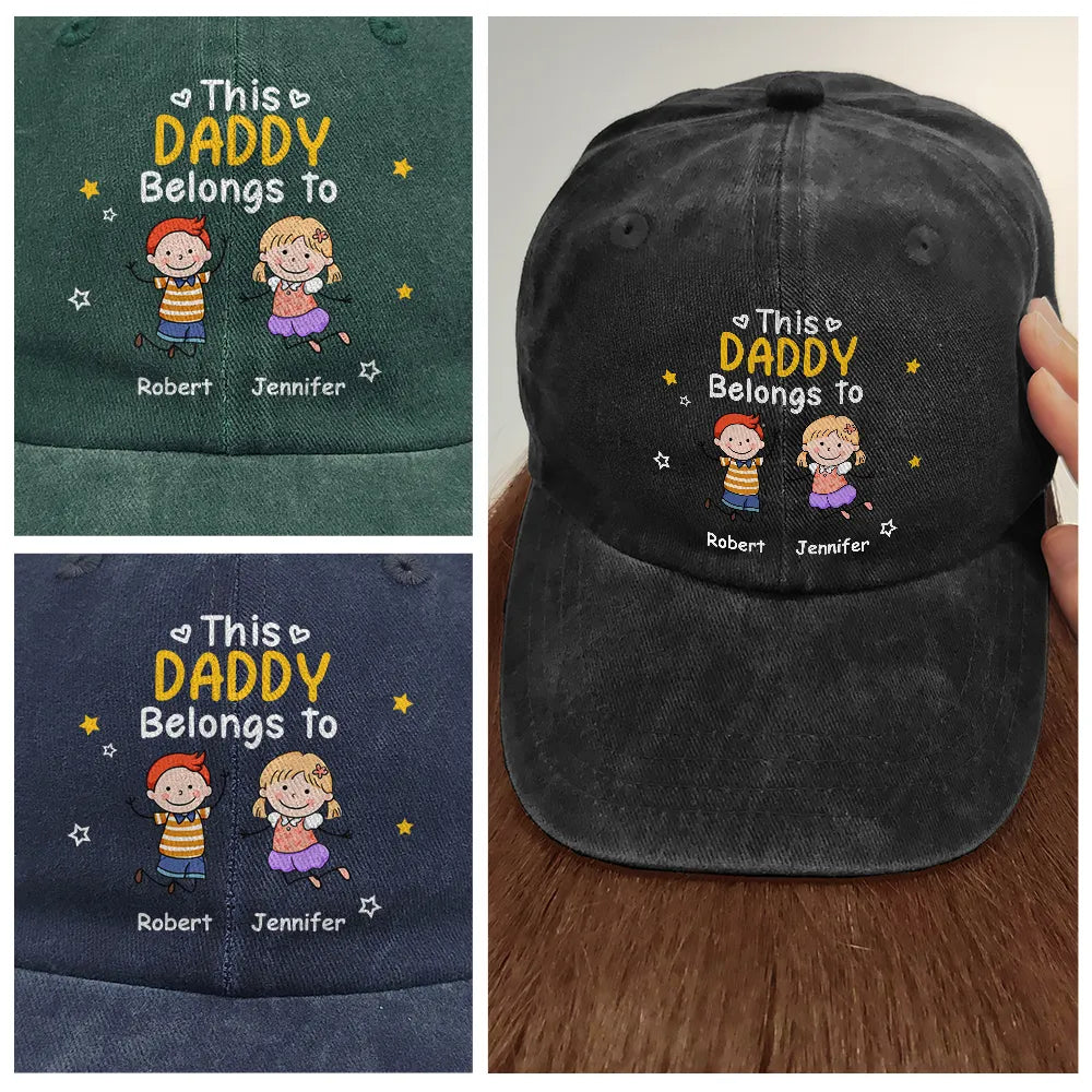 Gift For Father,Top Market,Proud,Icon - Stick Figures This Grandpa Dad Belongs To Kids Pet - Personalized Vintage Washed Denim Cap