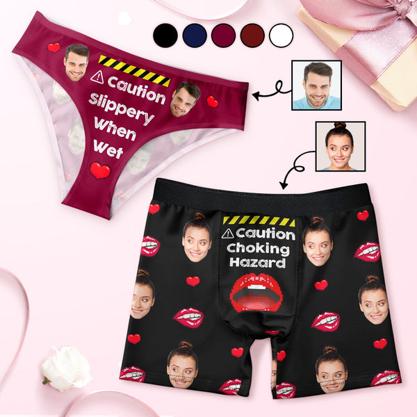 Custom Photo Caution Slippery When Wet Choking Hazard - Anniversary, Funny Gift For Spouse, Husband, Wife - Personalized Couple Matching Underwear Briefs