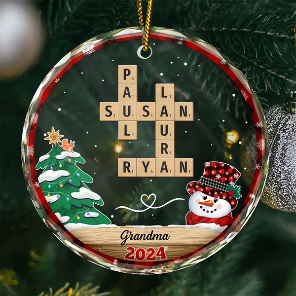 Gift For Grandparents - Papa Nana Snowman Crossword Scrabble - Personalized Circle Glass Ornament