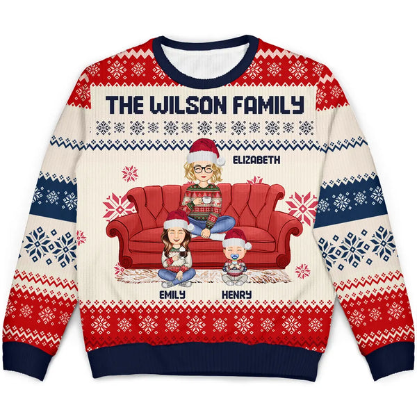Christmas, Single Mom, Single Dad, Pet Lovers - Cartoon Single Mom Dad With Kids And Pets - Personalized Unisex Ugly Sweater