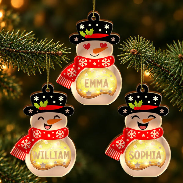 Adorable,Christmas,Custom Text,Family - Christmas Snowman For Family, Kid, Grandparent - Personalized Custom Name And Expression LED Light Wooden Ornament