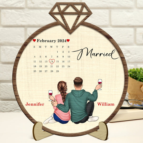 Couple Calendar Married Engaged - Gift For Couples - Personalized 2-Layered Wooden Plaque With Stand