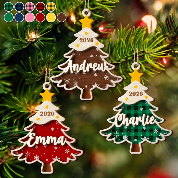 Christmas,Custom Text,Family,Sentimental - Christmas Gift For Family Kids - Personalized Name Christmas Tree With Plaid 2-Layered Wooden Ornament
