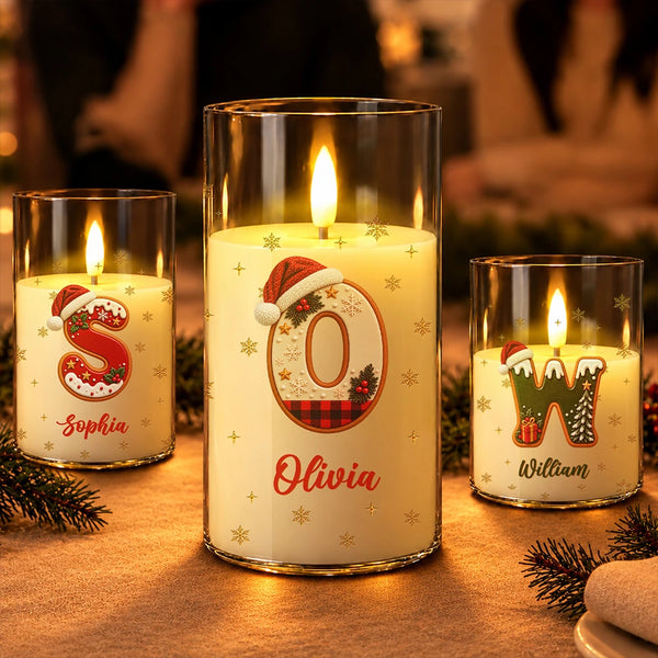 Christmas,Cozy,Family,Icon - Christmas Home Decor Gift For Family - Personalized Name Christmas Santa Hat Initial Letter LED Candle