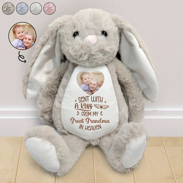 Memorial,Family,Gift For Grandparents,Parents - Custom Photo Memorial Sent With A Kiss From My Great Grandma In Heaven - Personalized Soft Toy Bunny