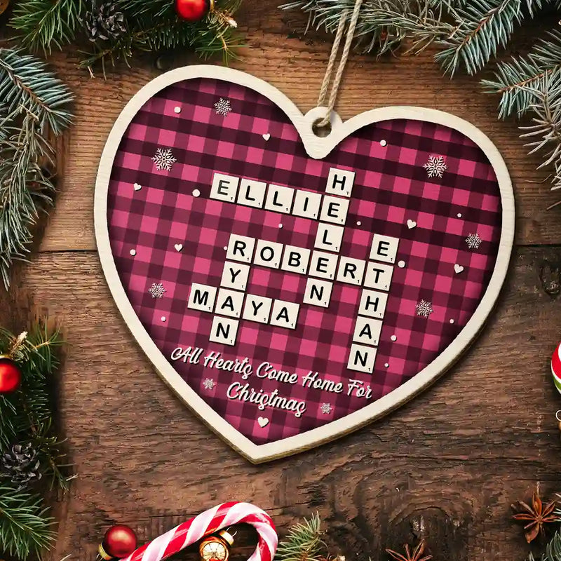 Family,Christmas,Love - Crossword All Hearts Come Home For Christmas - Personalized Custom Shaped Wooden Ornament