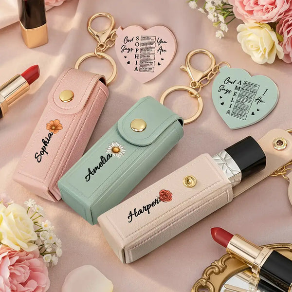 Gift For Women,Gift For Wife,Gift For Girlfriend,Love,Christian - God Says You Are Birth Month Flower - Personalized Leather Lipstick Case Keychain With Mirror