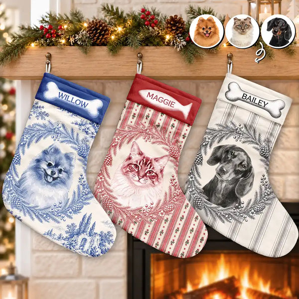 Art Design,Christmas,Custom Photo,Happy,Pet Lovers,Photo - Porcelain Art Style,Top Market - Farmhouse Mantel Decor For Pet Mom - Personalized Custom Photo Watercolor Vintage Toile Christmas Stocking
