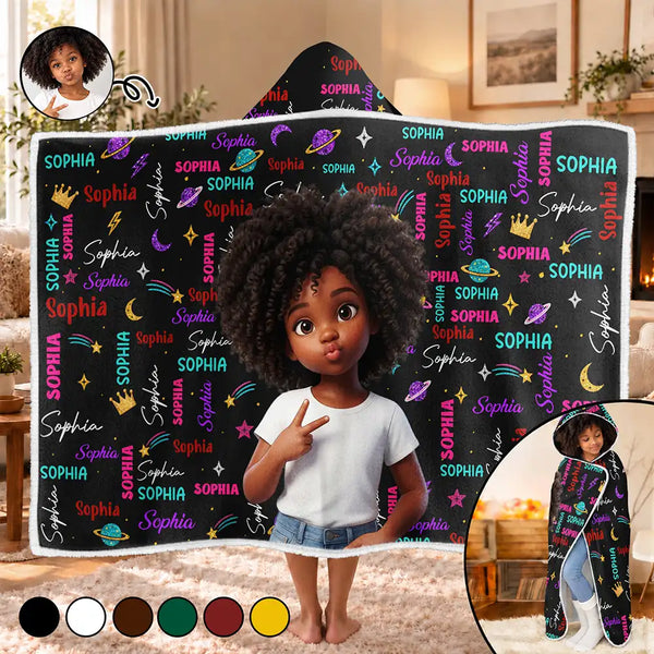 Art Design,Custom Photo,Gift For Kids,Happy,Photo - Cartoon Portrait - Christmas Gift For Kids - Personalized Custom Photo Name Cute Pattern Wearable Hooded Blanket