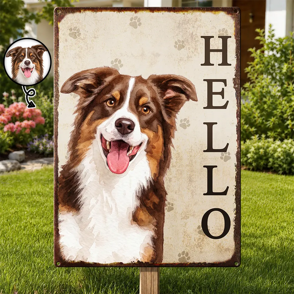 Art Design,Pet Lovers,Photo - Watercolor - Remove BG,Happy - Custom Photo Realistic Watercolor Art Hello Welcome Lovely Pet Portrait - Personalized Classic Metal Signs