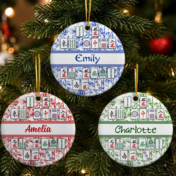 Christmas,Confident,Custom Text,Gift For Women,Gift For Yourself,Gifts For Her - Mahjong Player Christmas Gift - Personalized Floral Mahjong Tiles Name Ceramic Ornament