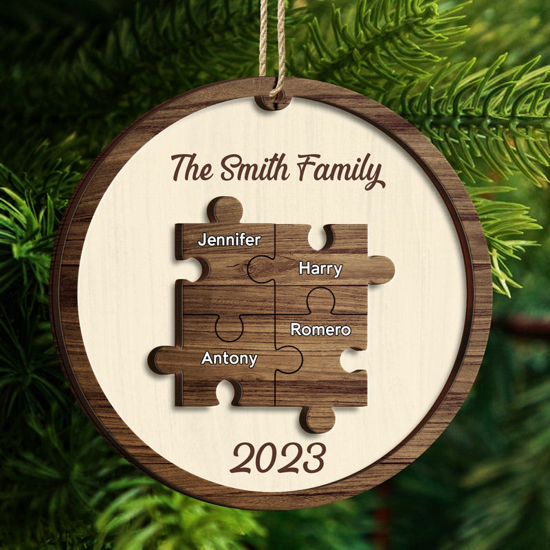 Christmas Family Puzzle Ornament Custom Name - Gift For Family - Personalized 2-Layered Wooden Ornament