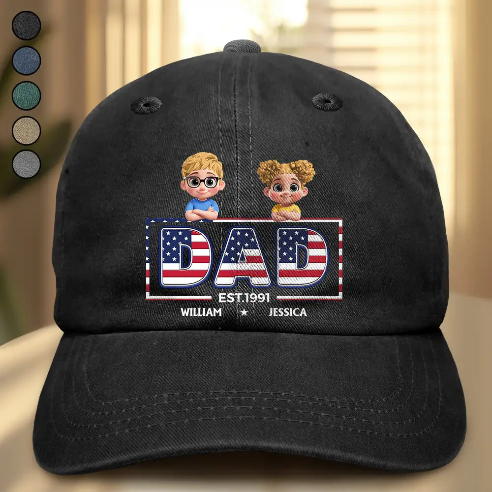 Gift For Father,Gift For Grandpa,Independence Day,Happy - Retro Style America Dad Grandpa 3D Effect - Personalized Vintage Washed Denim Cap