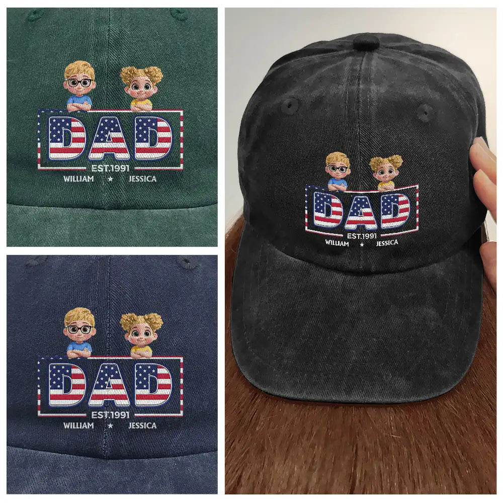 Gift For Father,Gift For Grandpa,Independence Day,Happy - Retro Style America Dad Grandpa 3D Effect - Personalized Vintage Washed Denim Cap