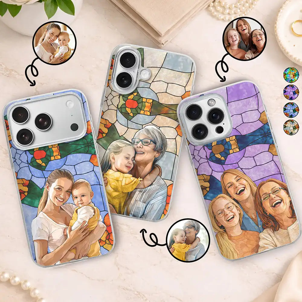 Gift For Wife,Gift For Mother,Gift For Grandma,Gift For Grandparents,Family,Love - Custom Photo Stained Glass Portrait Mom Grandma Parents Family - Personalized Clear Phone Case