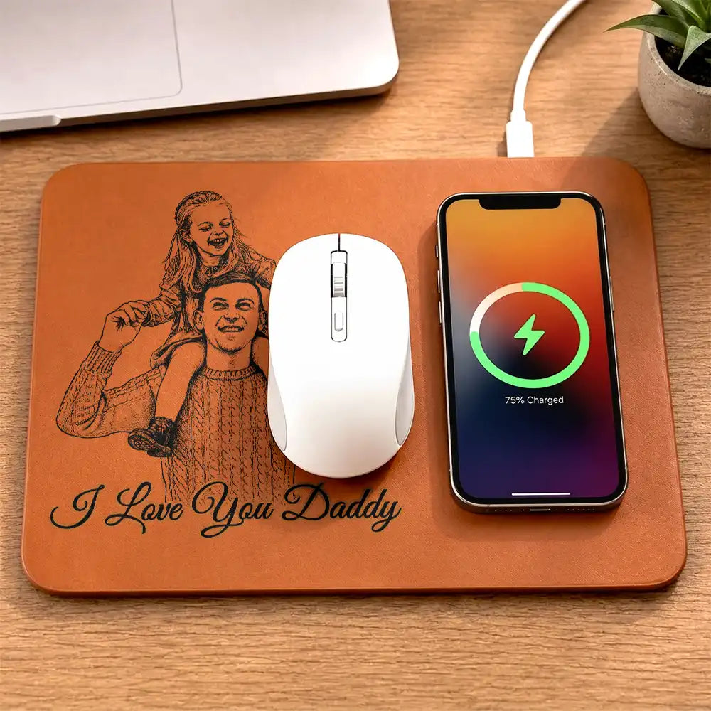 Gift For Men,Gift For Father,Custom Photo,Dad - Children,Non-Eng,Photo - Pencil Sketch,Proud - Custom Photo Pencil Sketch Best Dad Ever - Personalized Leather Charging Mat