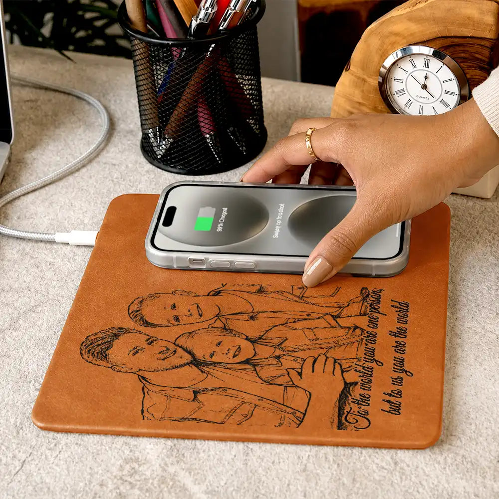 Gift For Men,Gift For Father,Custom Photo,Dad - Children,Non-Eng,Photo - Pencil Sketch,Proud - Custom Photo Pencil Sketch Best Dad Ever - Personalized Leather Charging Mat