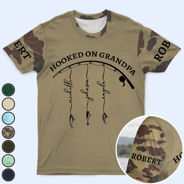 Gift For Father,Gift For Grandpa,Fishing,Non-Eng,Icon,Proud - Hooked On Grandpa - Personalized Full Print T Shirt